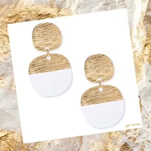 New White & Gold Brushed Metal Drop Post Statement Fashion Earrings